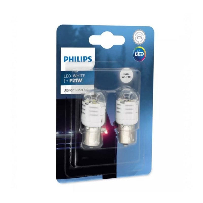 Set 2 becuri led exterior 12V P21 white ba15S ultinon pro3000 si Philips