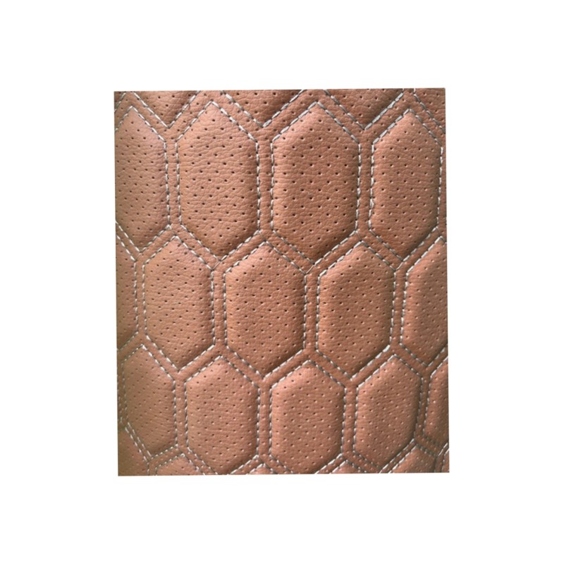 Material imitatie piele tapiterie hexagon cu gaurele maro cu cusatura gri
