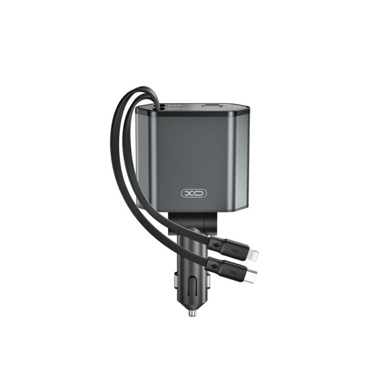 Incarcator auto XO SMART cu cabluri retractabile ,voltmeru, iesire USB-A si USB tip C Incarcator auto XO SMART cu cabluri retractabile ,voltmeru, iesire USB-A si USB tip C