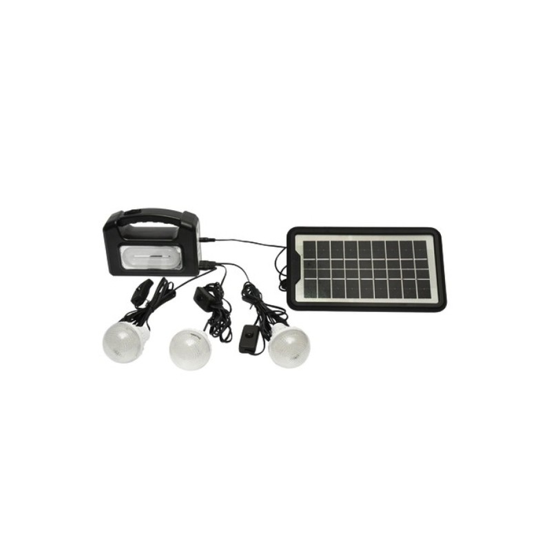 Kit iluminat portabil LED cu 3 becuri/proiector, panou solar si baterie 6V, 4.5 Ah