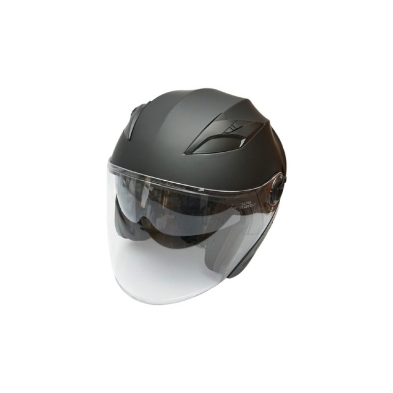 Casca moto tip jet neagra model urban cu viziera transparenta si ochelari de soare marimea XL
