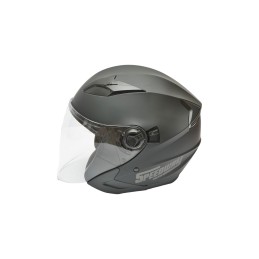 Casca moto tip jet neagra model urban cu viziera transparenta si ochelari de soare marimea XL