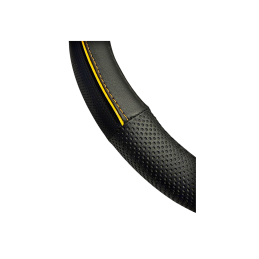 Husa volan auto premium imitatie piele M 38 cm negru cu linie galbena